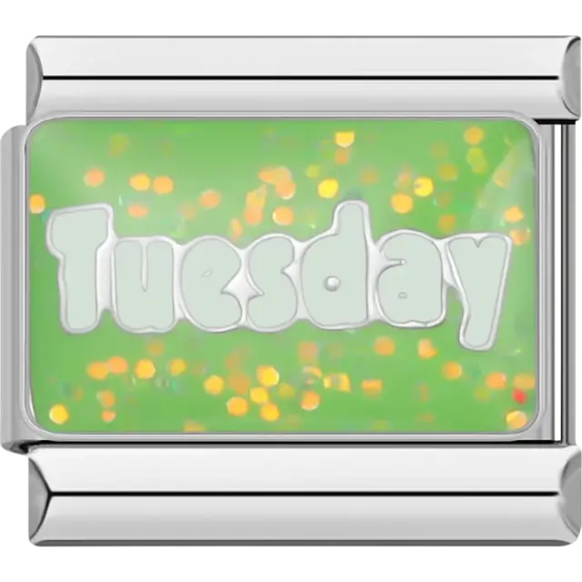 “Tuesday” text on a shimmering green Italian charm bracelet link