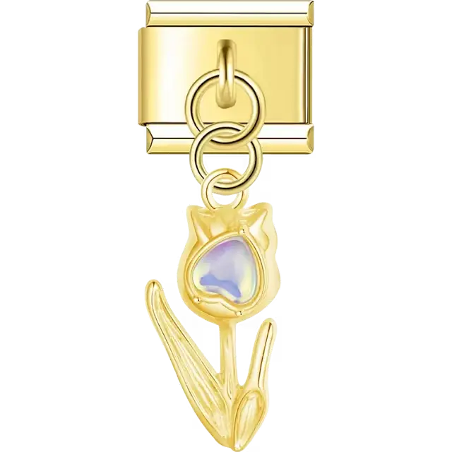 Tulip with iridescent pearl center dangle Italian charm bracelet link
