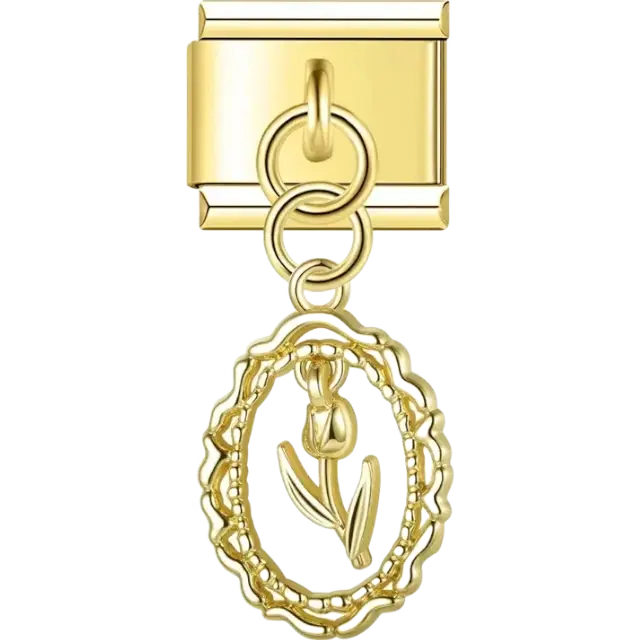 Oval dangle with a delicate tulip design inside a lace-like border Italian charm bracelet link