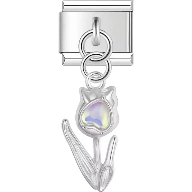 Tulip with iridescent pearl center dangle Italian charm bracelet link