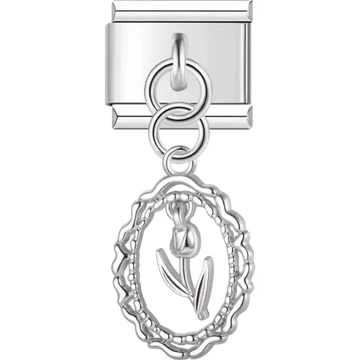 Oval dangle with a delicate tulip design inside a lace-like border Italian charm bracelet link