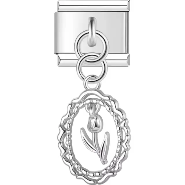 Oval dangle with a delicate tulip design inside a lace-like border Italian charm bracelet link