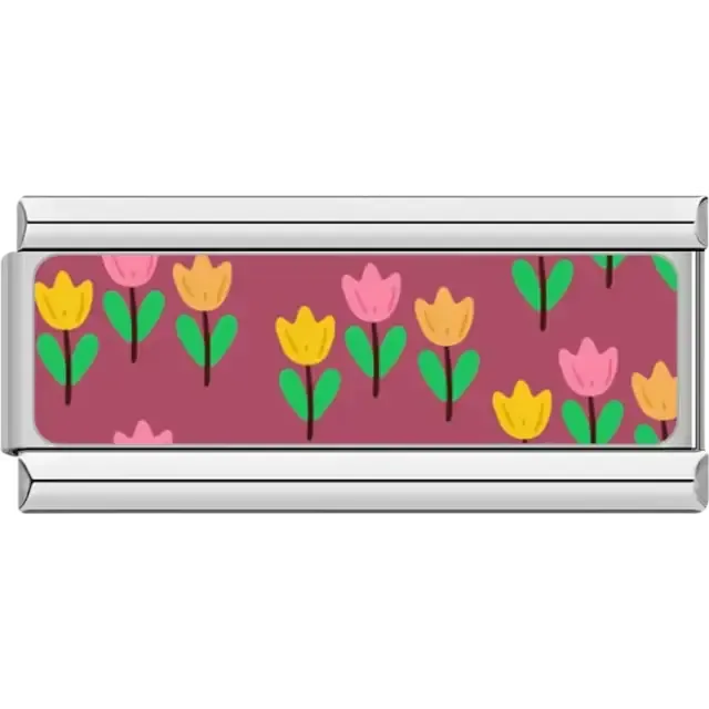 Pink yellow and orange tulips with green leaves on purple background Italian charm bracelet link