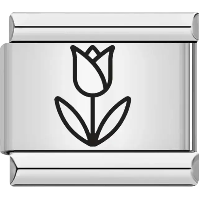 Black outline of a tulip flower with stem and leaves Italian charm bracelet link