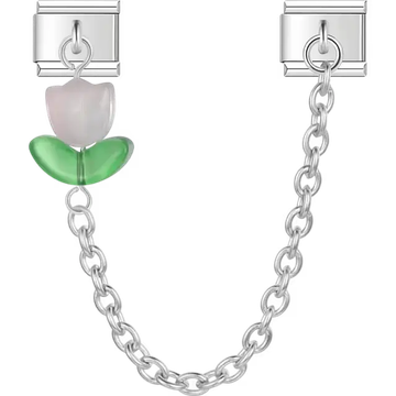 Pink tulip flower with green leaves connected by a chain Italian charm bracelet link