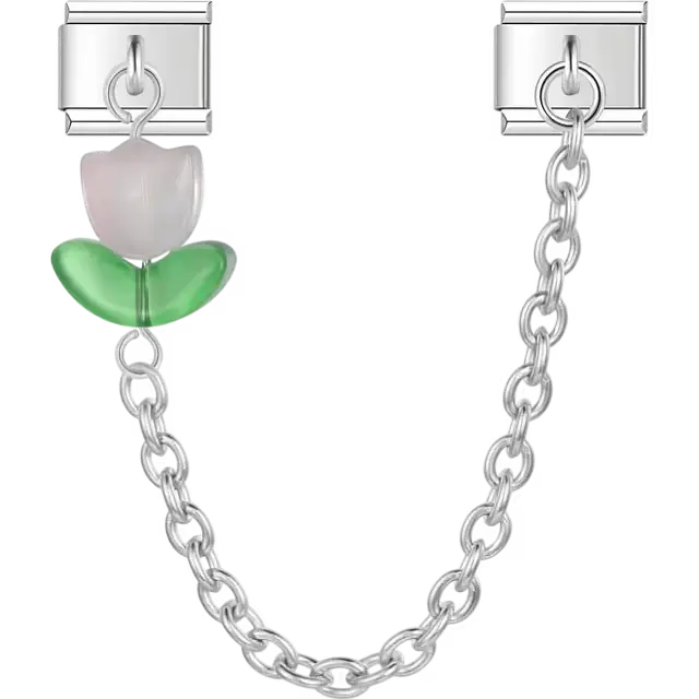 Pink tulip flower with green leaves connected by a chain Italian charm bracelet link