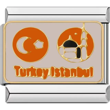 Orange crescent moon star and mosque design with text "Turkey Istanbul" Italian charm bracelet link