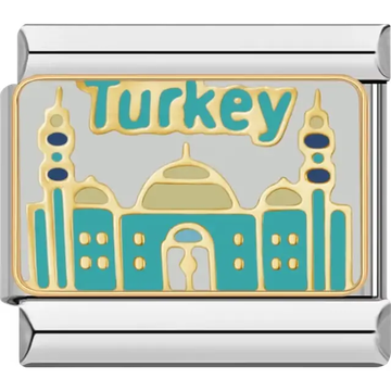 Gold and turquoise mosque design with text "Turkey" Italian charm bracelet link
