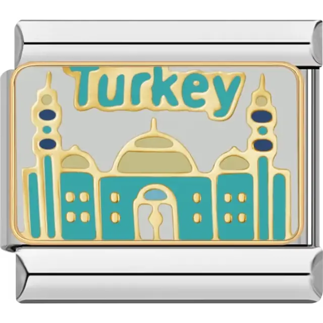 Gold and turquoise mosque design with text "Turkey" Italian charm bracelet link