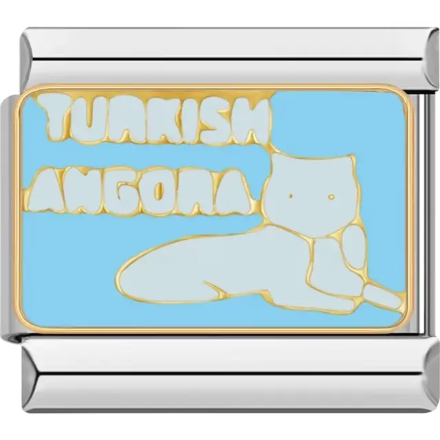 Blue and gold Turkish Angora cat design with text "Turkish Angora" Italian charm bracelet link