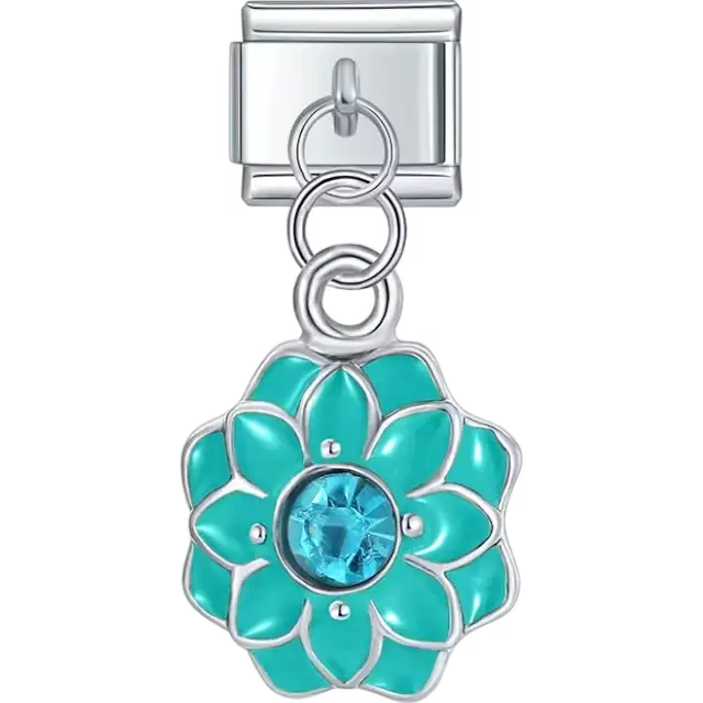 Dangle featuring a turquoise flower with petal details and a blue crystal center Italian charm bracelet link