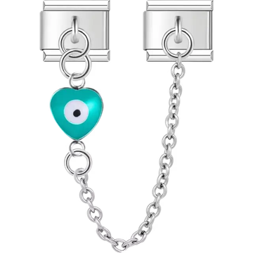 Turquoise heart with a centered white and black evil eye connected by a safety chain Italian charm bracelet link