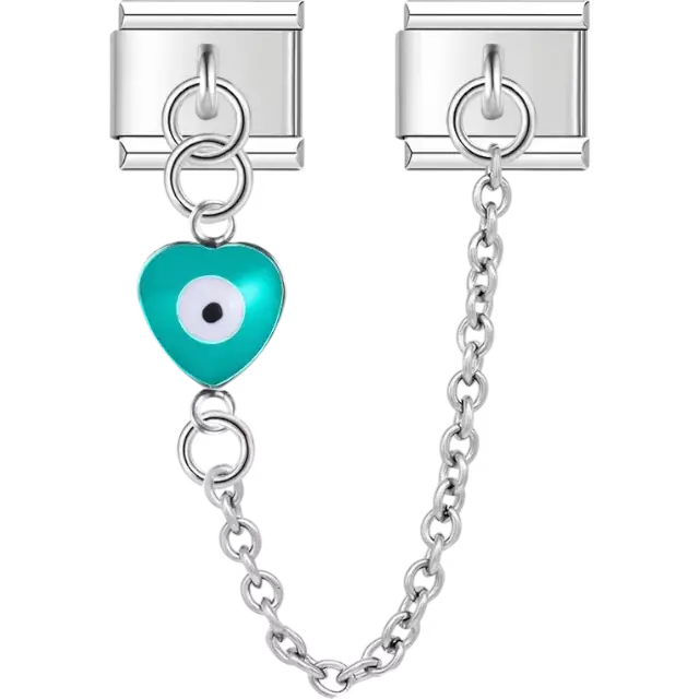 Turquoise heart with a centered white and black evil eye connected by a safety chain Italian charm bracelet link