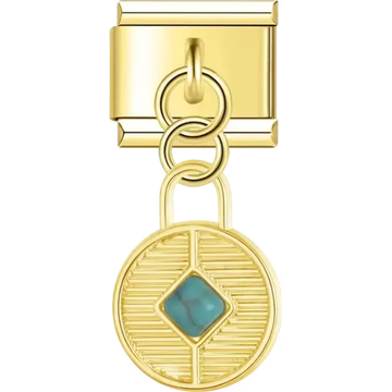 Gold medallion pendant with a textured design and a turquoise diamond-shaped center Italian charm bracelet link