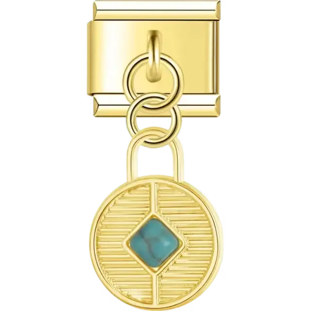 Gold medallion pendant with a textured design and a turquoise diamond-shaped center Italian charm bracelet link