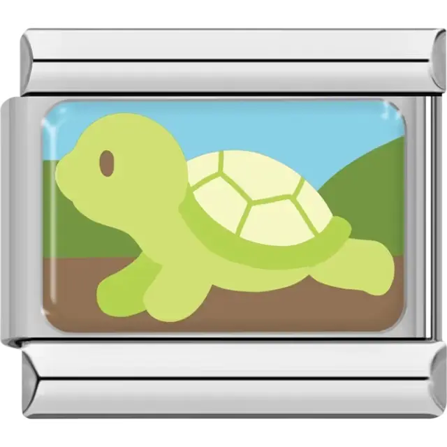 Green turtle with a light green shell on a brown and green background Italian charm bracelet link