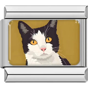 Tuxedo cat design featuring a black and white coat with bright yellow eyes Italian charm bracelet link