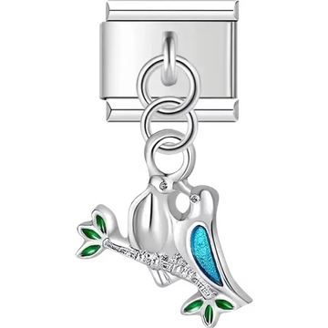 Silver dangle with two birds perched on a branch with green leaves and blue feather detailing Italian charm bracelet link
