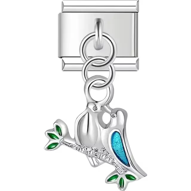Silver dangle with two birds perched on a branch with green leaves and blue feather detailing Italian charm bracelet link