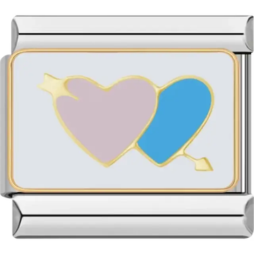 Gold-outlined design featuring two interlocked hearts, one pink and one blue, with an arrow detail Italian charm bracelet link