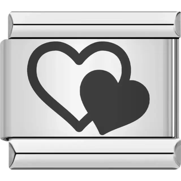 Black two overlapping hearts design Italian charm bracelet link