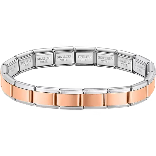 Two-tone rose gold charms composing stainless steel Italian bracelet