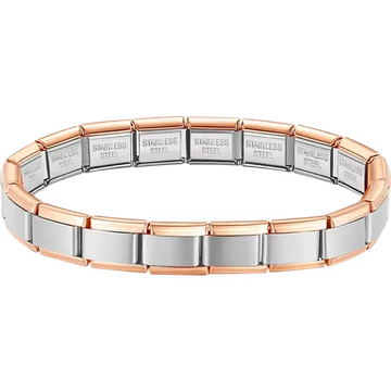 Two-tone rose gold charms composing stainless steel Italian bracelet