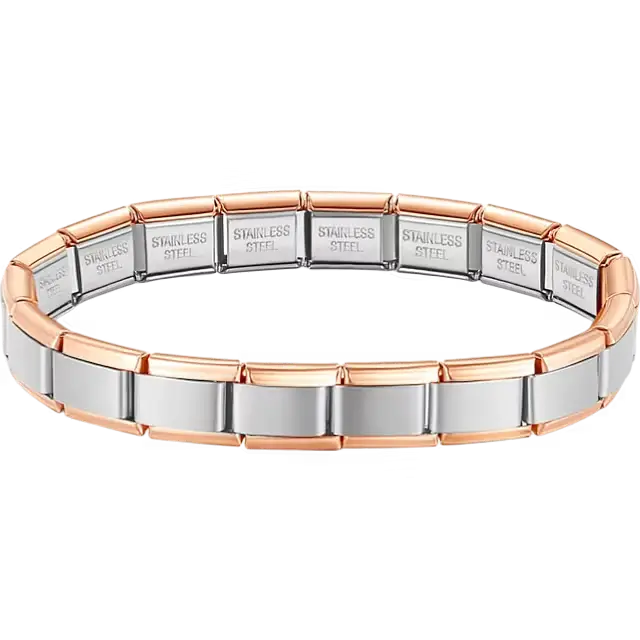 Two-tone rose gold charms composing stainless steel Italian bracelet