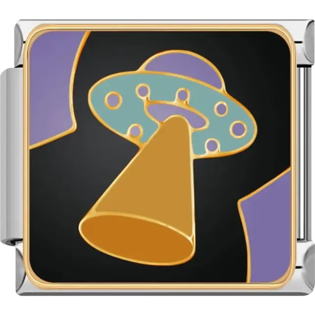 Gold UFO with teal and purple accents emitting a golden light beam on black background Italian charm bracelet link