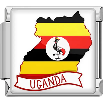 Black yellow red map of Uganda with crowned crane white banner Uganda text Uganda map flag Italian charm bracelet link