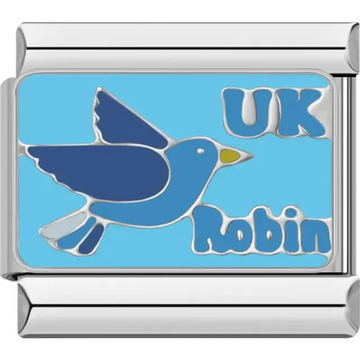 Blue flying robin design with text "UK Robin" on a light blue background Italian charm bracelet link