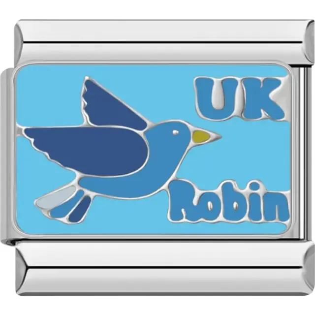 Blue flying robin design with text "UK Robin" on a light blue background Italian charm bracelet link