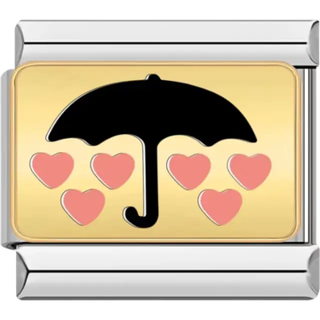 Black umbrella with pink hearts on a gold background Italian charm bracelet link