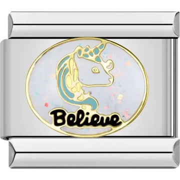Unicorn head and “Believe” text on a sparkling white background Italian charm bracelet link