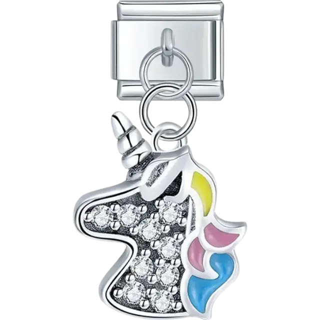 Clear crystal unicorn with pink yellow and blue accents dangle Italian charm bracelet link