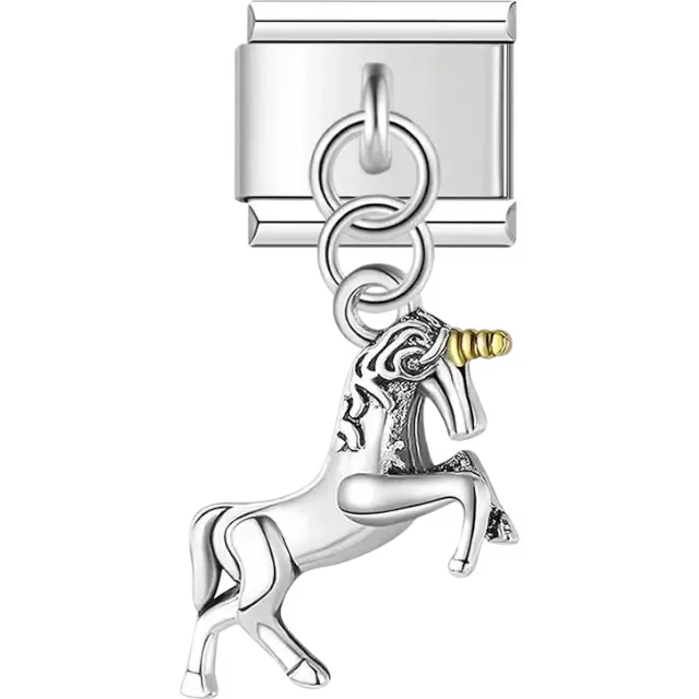 Unicorn with a gold horn rearing design dangling Italian charm bracelet link