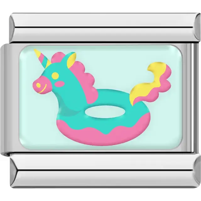 Turquoise unicorn pool float pink yellow accents mint background Italian charm bracelet link