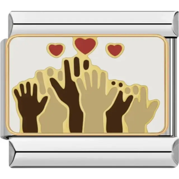 Hands reaching toward red hearts design Italian charm bracelet link