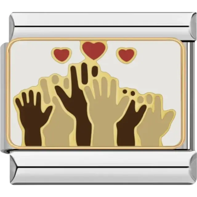 Hands reaching toward red hearts design Italian charm bracelet link