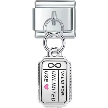 Silver ticket-shaped pendant with "Valid For: Unlimited Use" text, an infinity symbol, and a pink heart detail Italian charm bracelet link