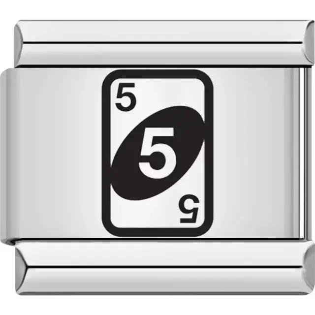 Uno card design featuring the number 5 in a bold black and white style Italian charm bracelet link