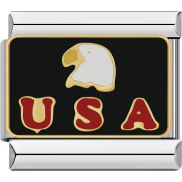 White eagle head with gold outline and red USA text on black background Italian charm bracelet link