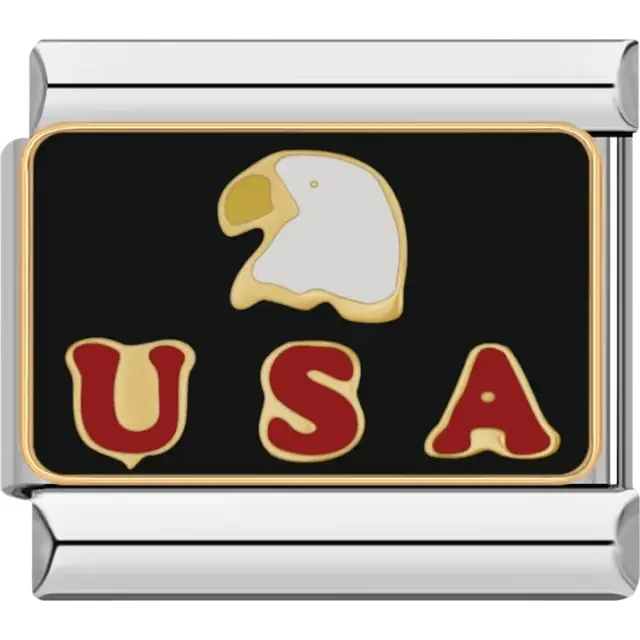White eagle head with gold outline and red USA text on black background Italian charm bracelet link