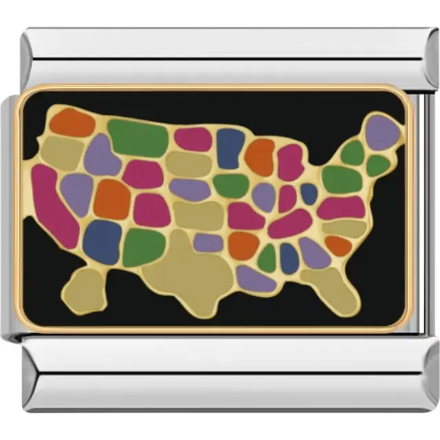 Gold USA map with colorful states on a black background Italian charm bracelet link