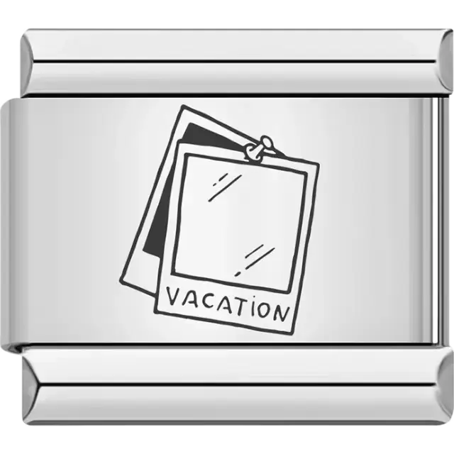 Black outline of two overlapping Polaroid-style photographs, one labeled "VACATION" Italian charm bracelet link