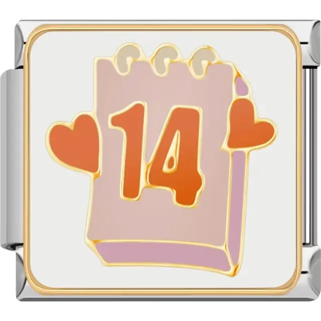 Gold-edged calendar page with the number 14 in orange and two orange hearts on a pink background Italian charm bracelet link