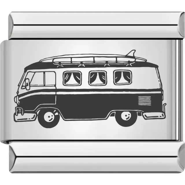 Black outline of a retro van with curtains and surfboard Italian charm bracelet link