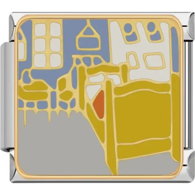 Inspired by Van Gogh’s famous "Bedroom in Arles" painting with gold outlines, blue walls, and yellow furniture Italian charm bracelet link