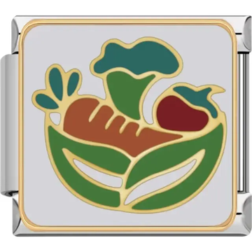 Bowl of vegetables, including a carrot, broccoli, and tomato Italian charm bracelet link