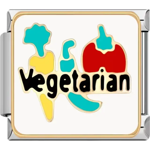 "Vegetarian" text in black with colorful vegetable designs on a white background Italian charm bracelet link